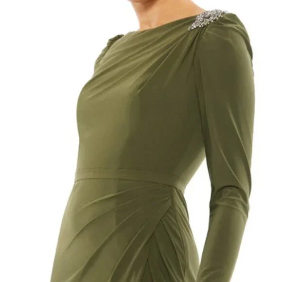 Mac Duggal Olive Green Embellished Long Sleeve Jersey Gown